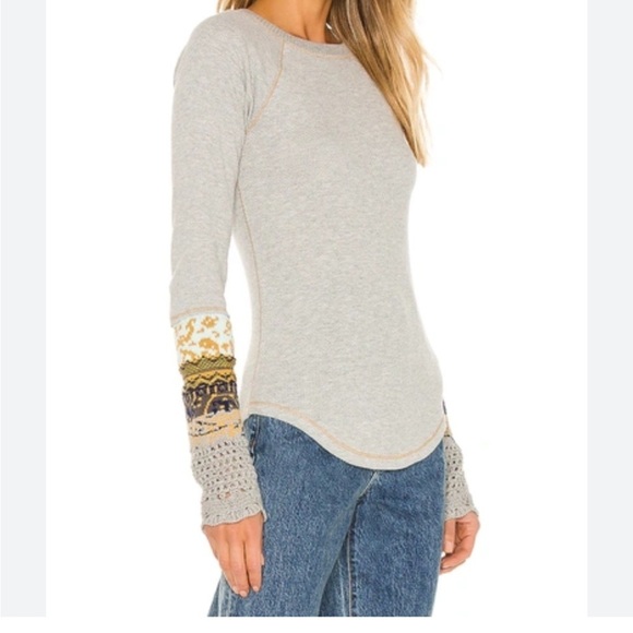 Free People In The Mix Cuff Top Jersey style Gray Large fits Small - Picture 2 of 14